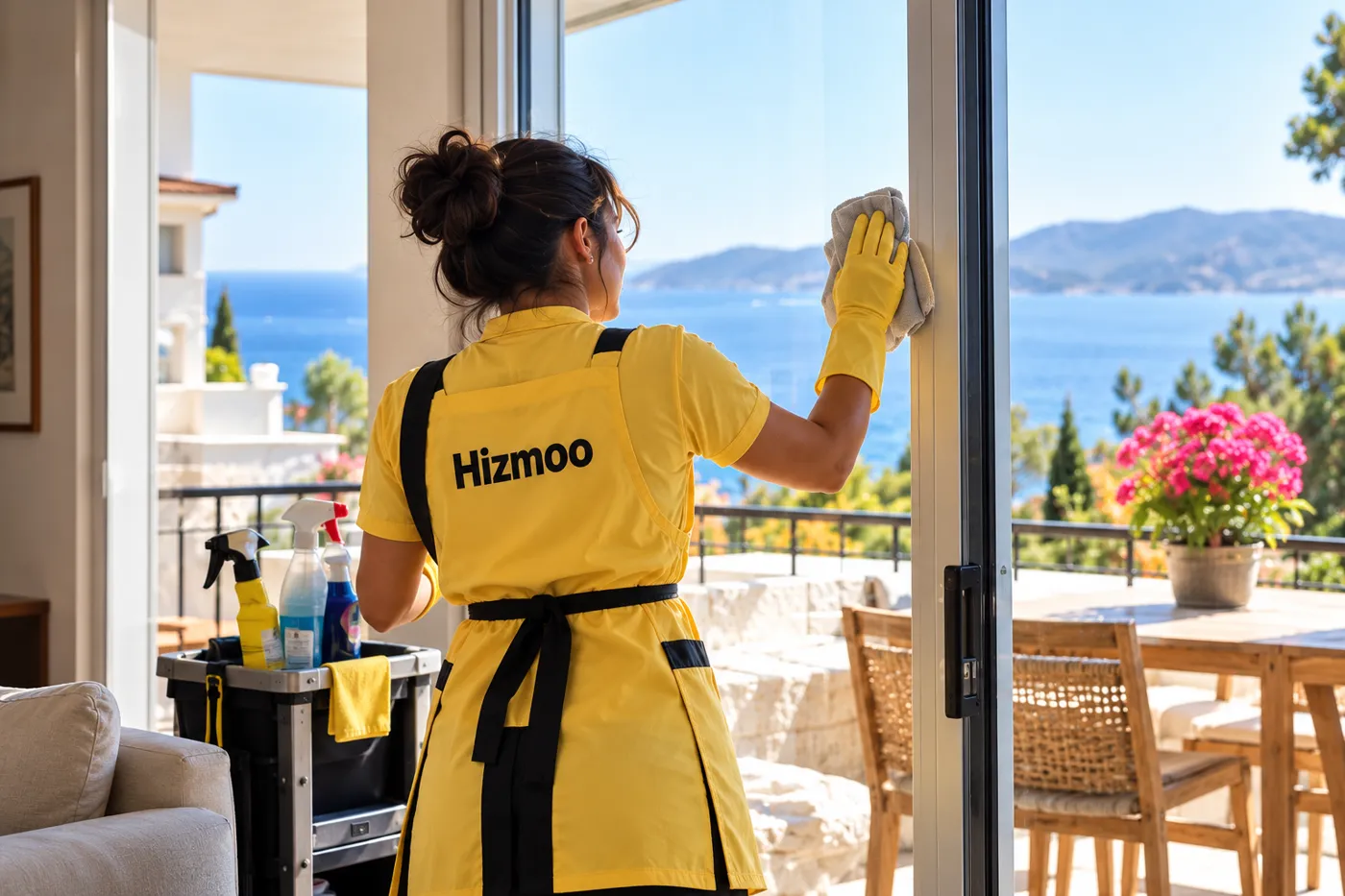 A Hizmoo cleaner wiping a window in a sea-view home