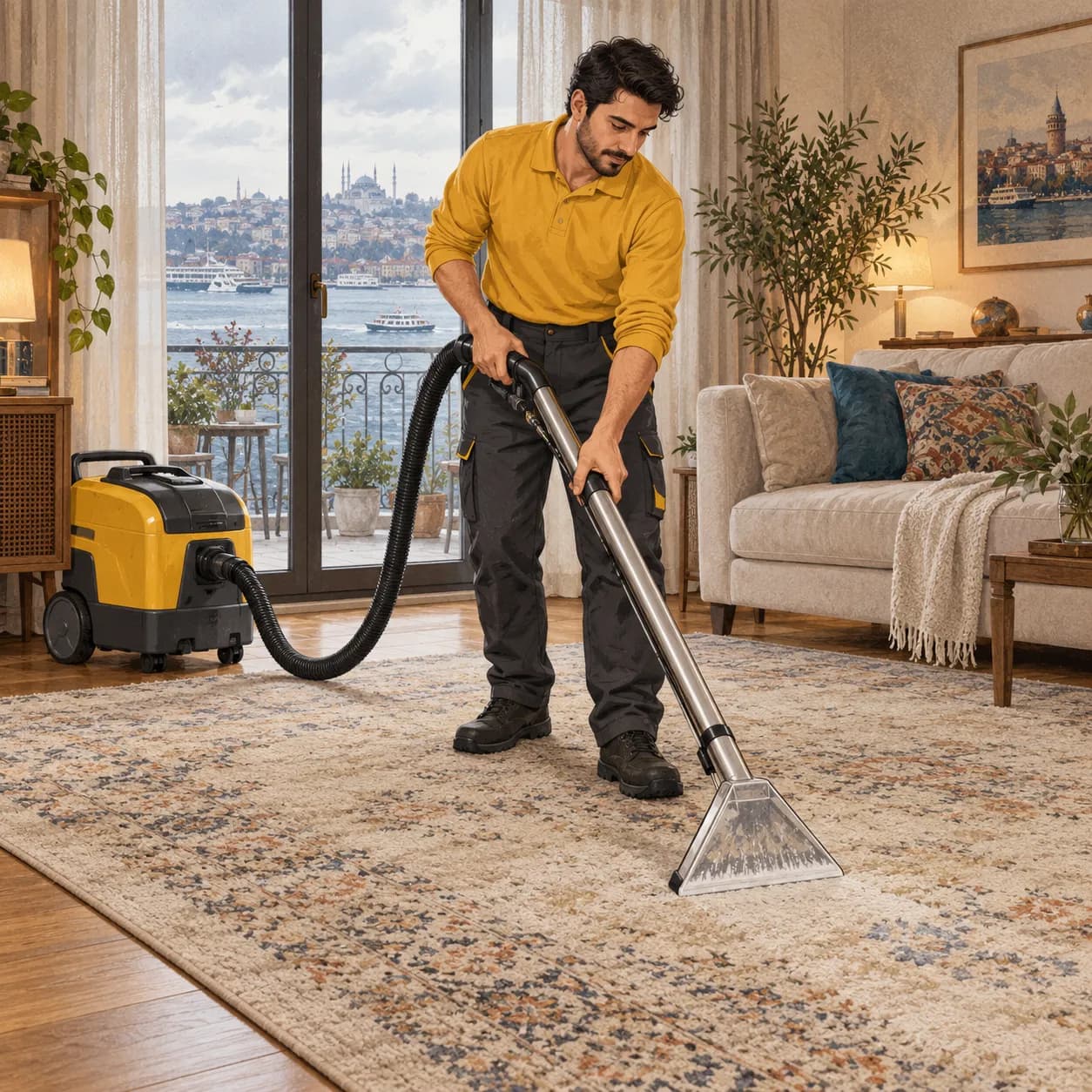 İstanbul manzaralı salonda desenli halıyı ekstraksiyon makinesiyle temizleyen uzmanın özgün illüstrasyonu
