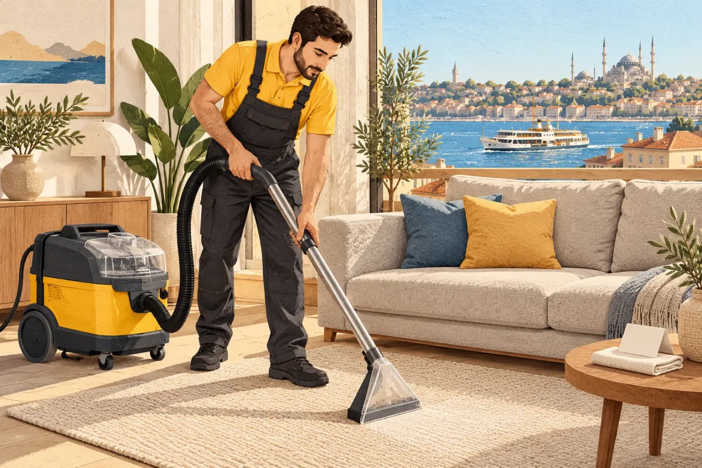 Halı ve koltuk temizliğini temsil eden, salon halısında temizleme makinesi kullanan uzman görseli