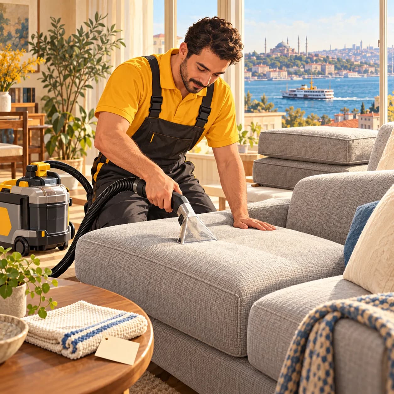 İstanbul evinde kumaş koltuğun oturumunu döşeme temizleme başlığıyla temizleyen uzmanın özgün illüstrasyonu