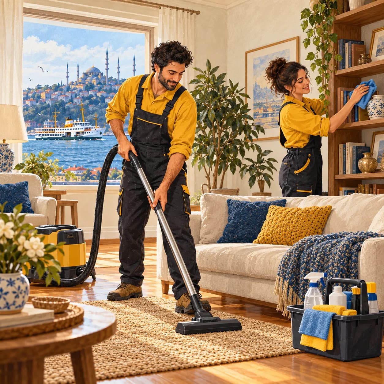Illustration of two professionals coordinating vacuuming and shelf cleaning in a living room