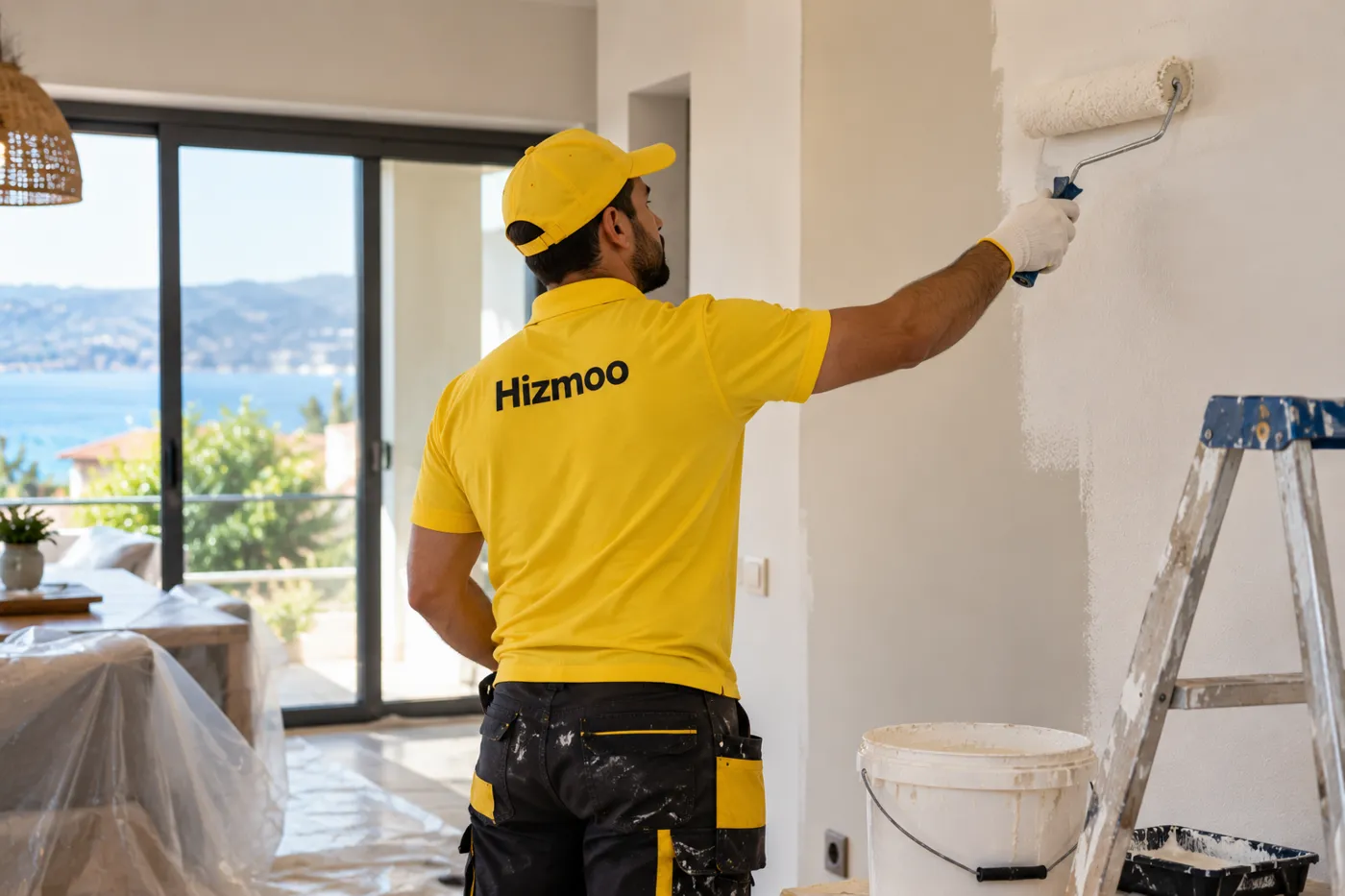 A Hizmoo painter rolling paint onto a wall