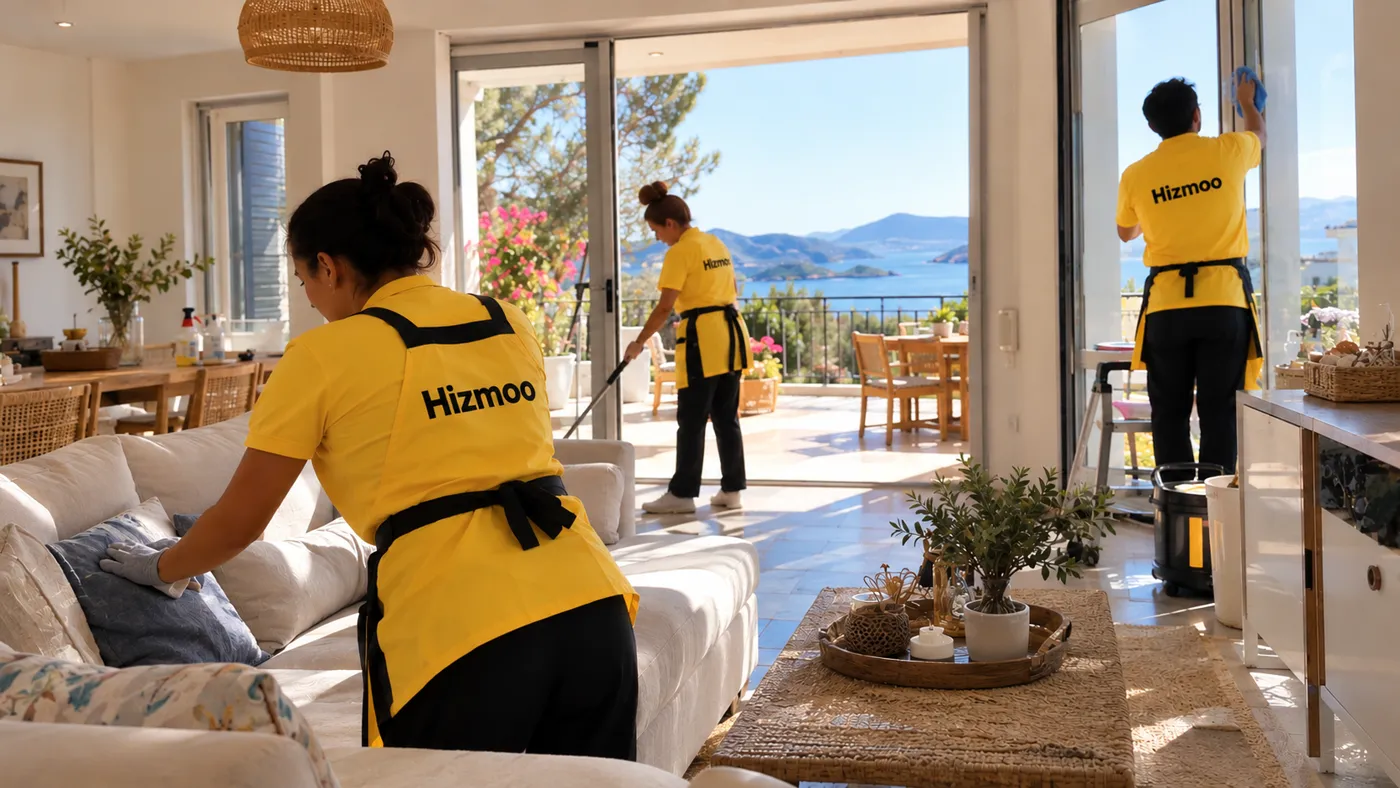 A Hizmoo cleaning team deep-cleaning a bright living room