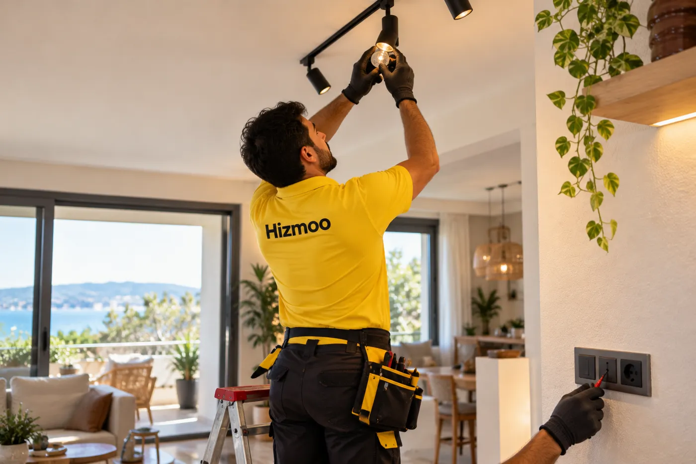 A Hizmoo electrician fitting a ceiling light