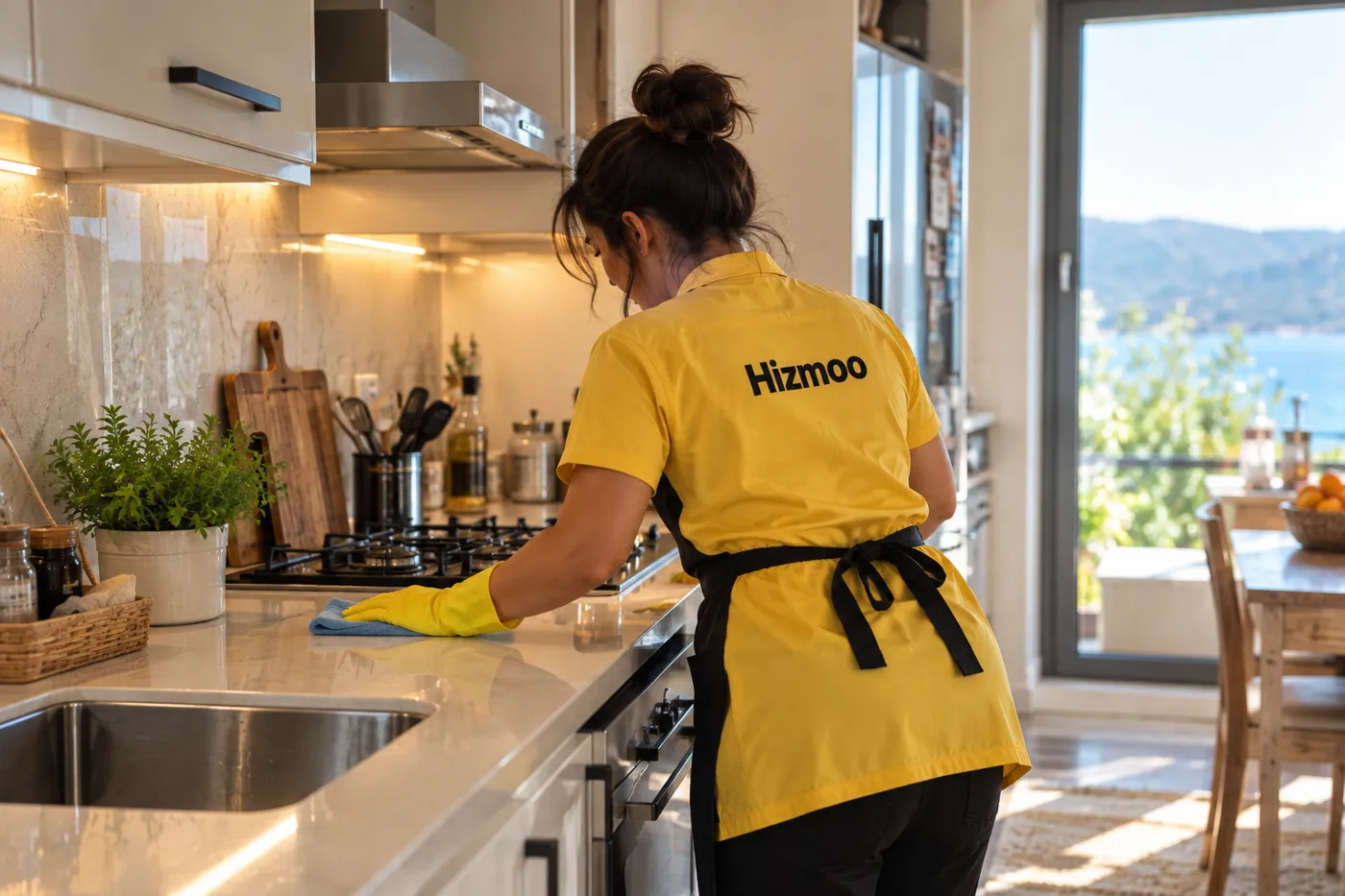 A Hizmoo cleaner wiping a kitchen counter