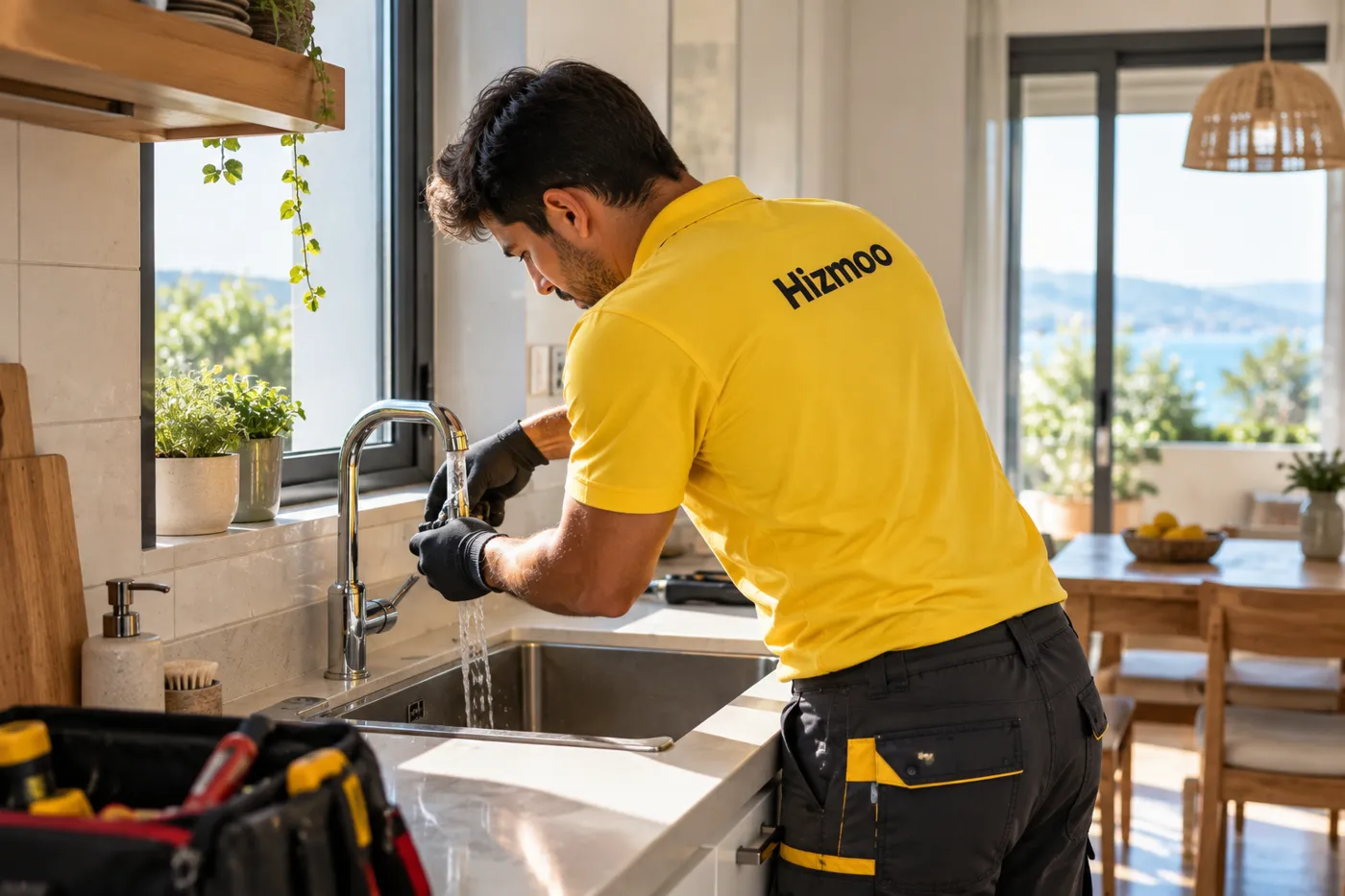 A Hizmoo plumber checking a kitchen tap
