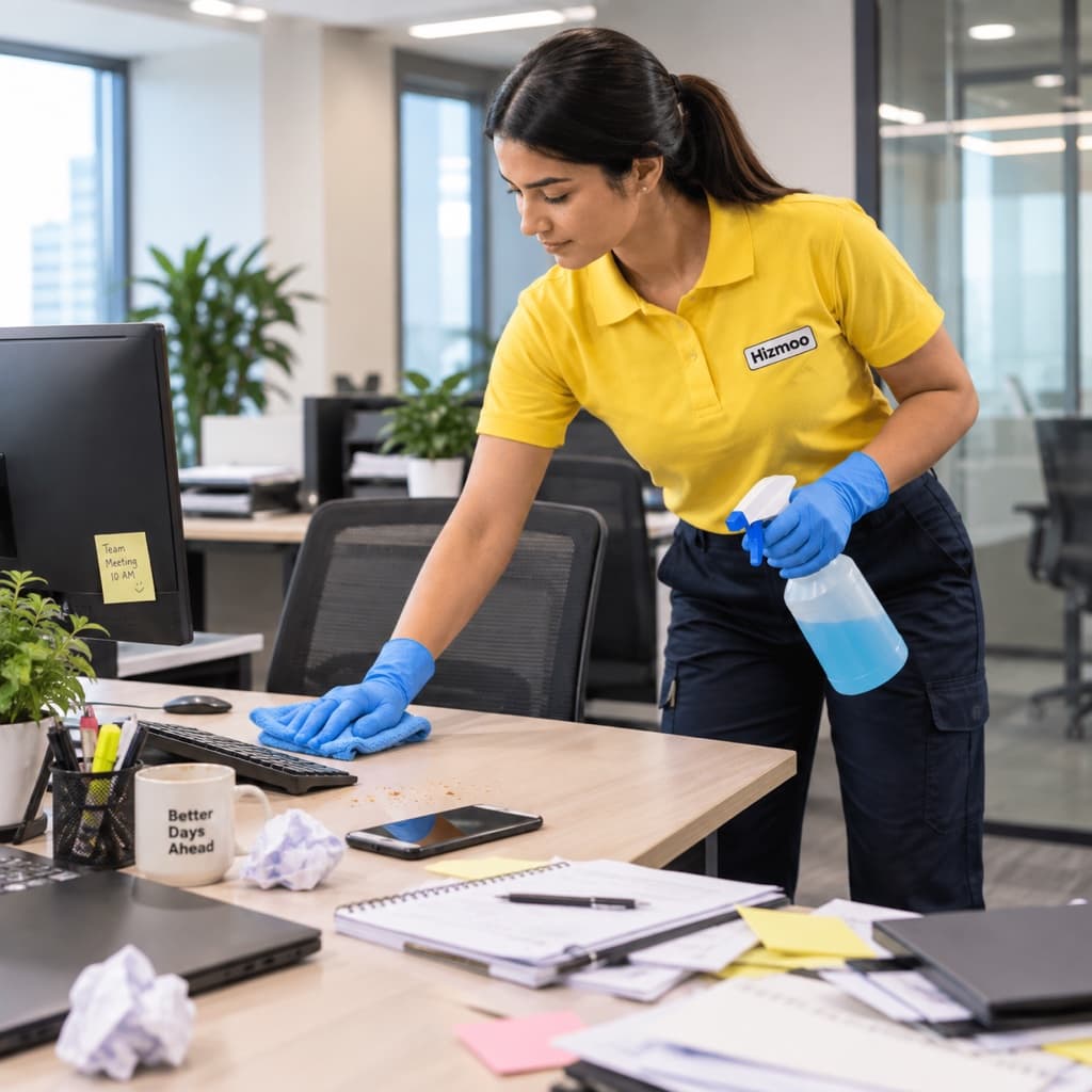 A Hizmoo PRO cleaning a desk in an office